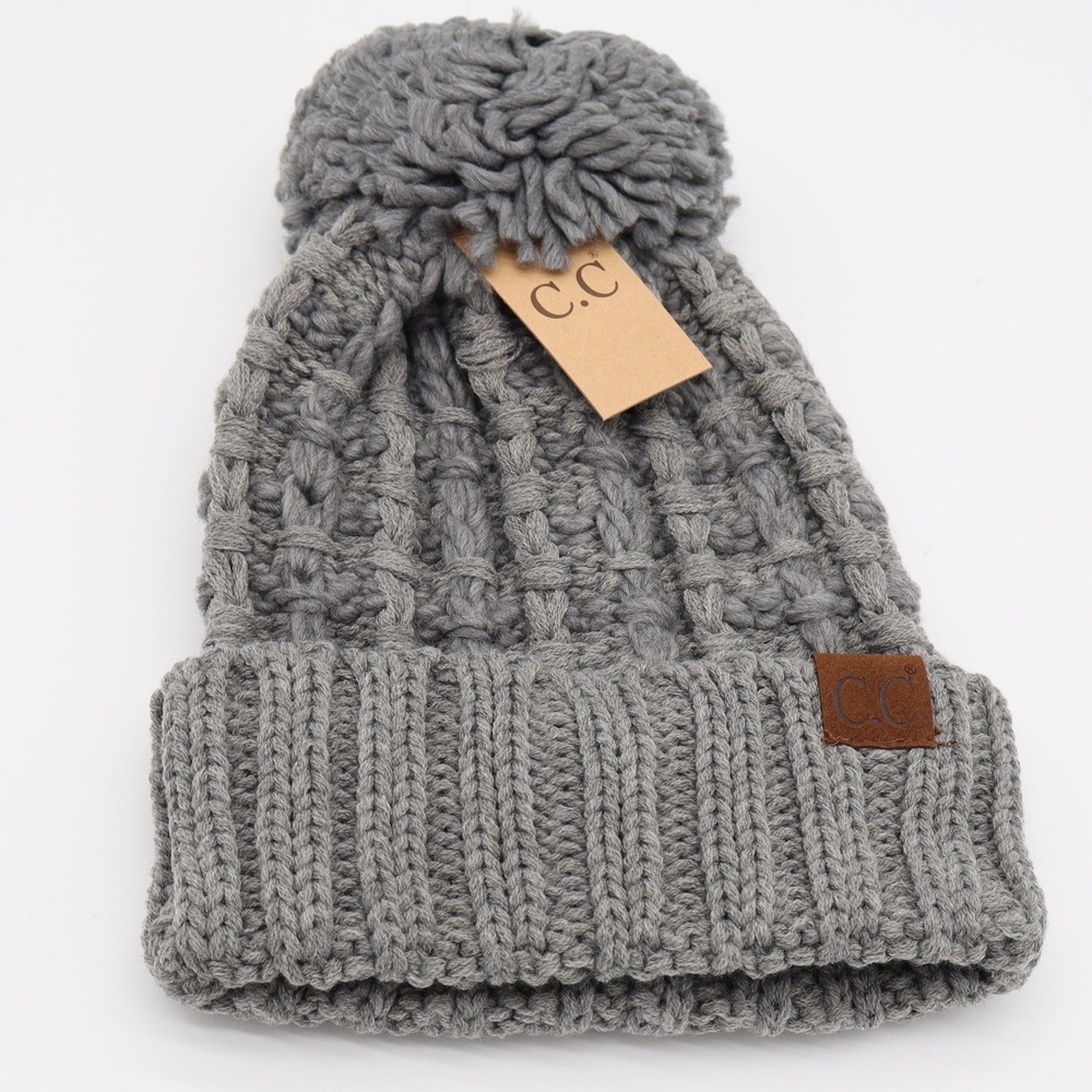 C.C Beanie Women OS Lt Melange Grey Cable Knit Pom-Pom New